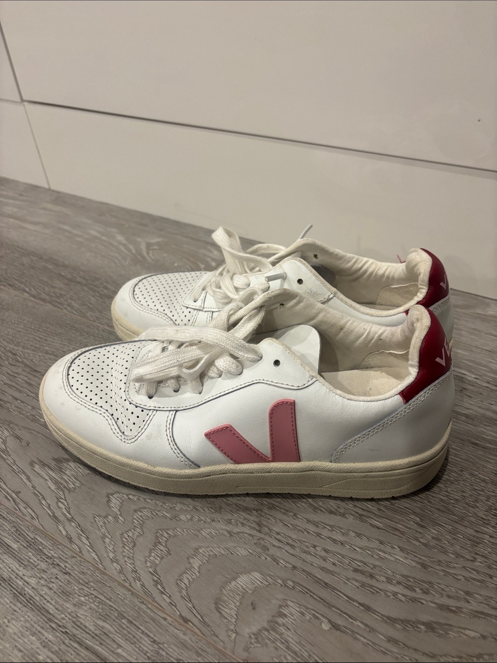 Veja Women's White Leather Sneakers with Pink V and Red Heel Tab